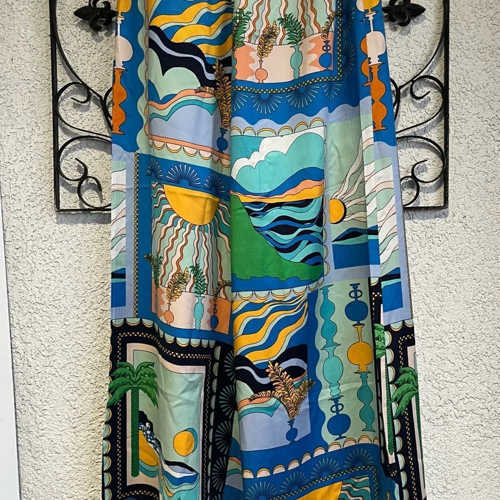 Anthropologie Blue Green Yellow Patchwork Wide-Leg Pants - Picture 11 of 13